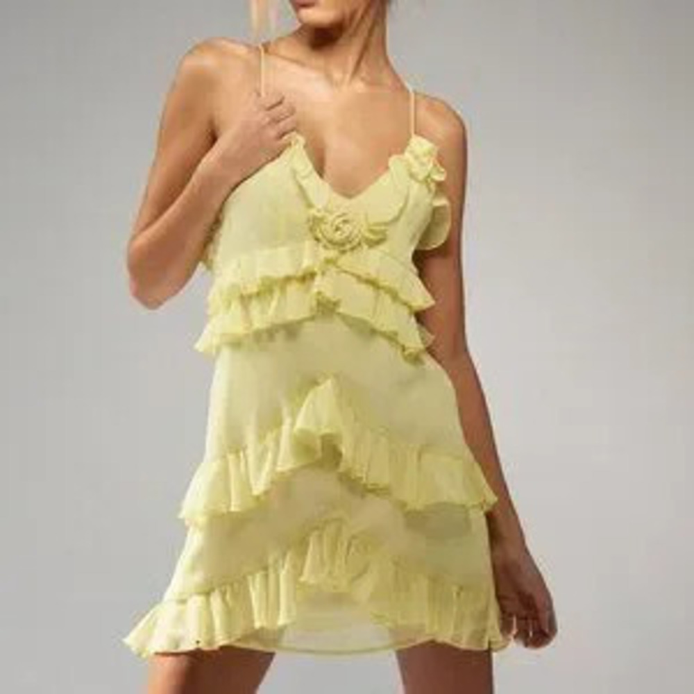 Yellow Boho Women's Ruffle Spaghetti Strap Tiered Flounce cocktail Mini Dress